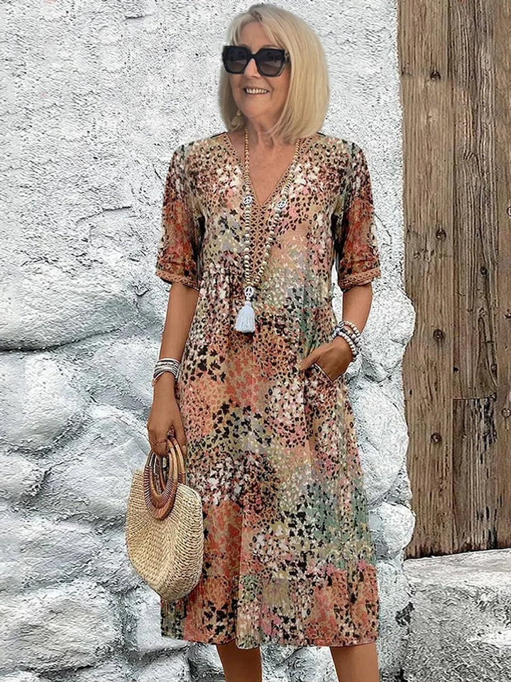 Women's Floral Printed V-Neck A-Line Midi Formal Dress