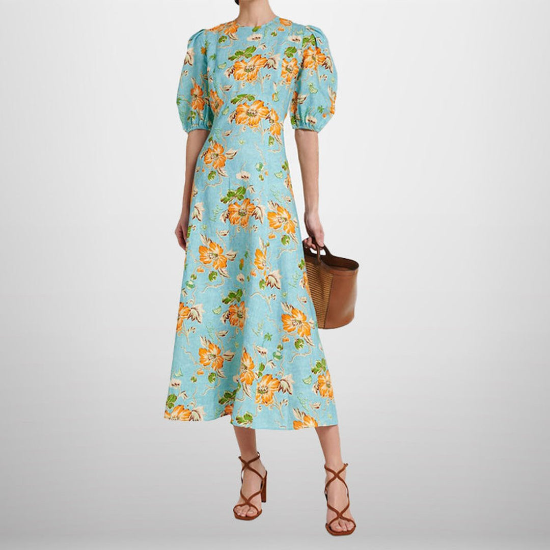 Women's Floral Puff-Sleeve A-Line Fall Midi Dress