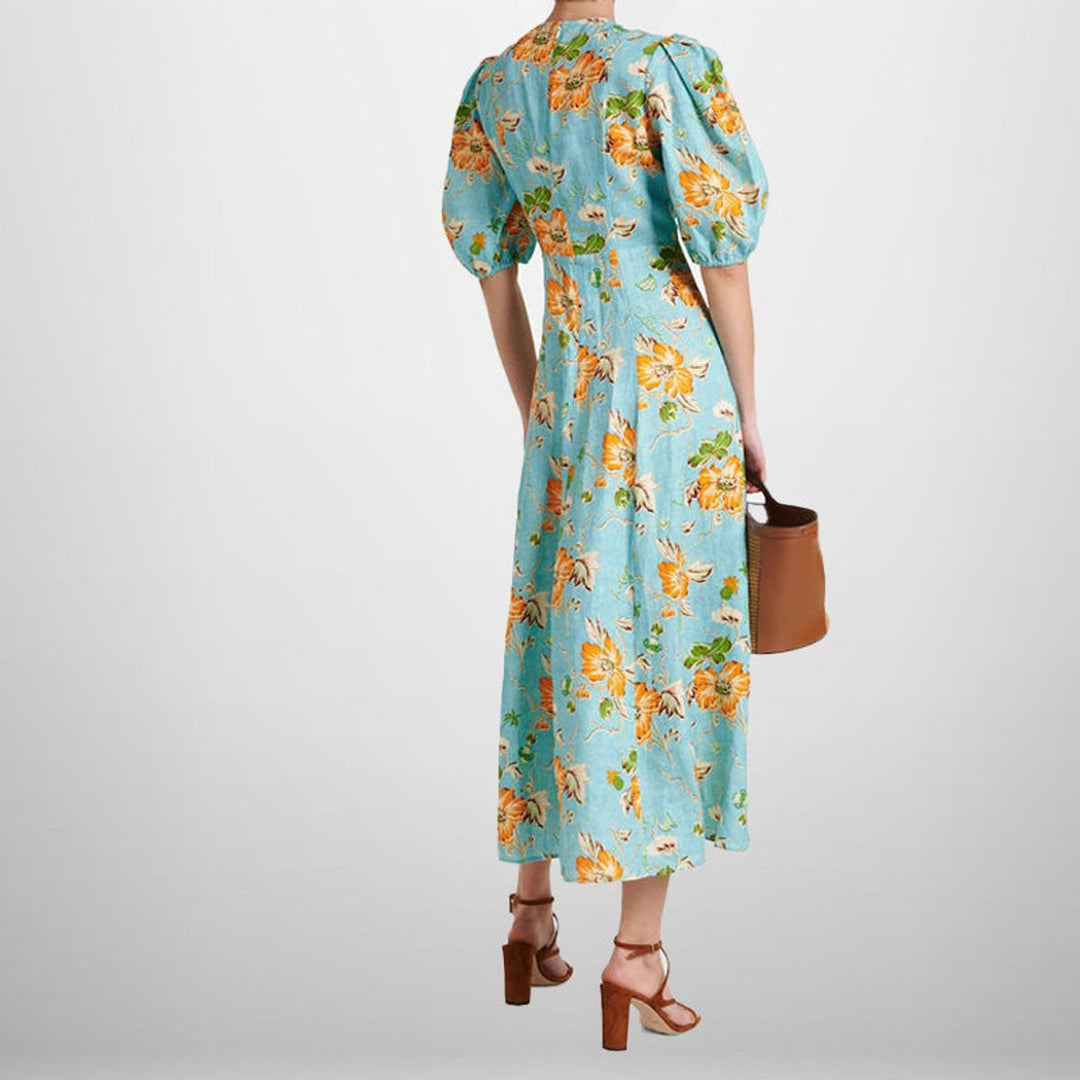 Women's Floral Puff-Sleeve A-Line Fall Midi Dress