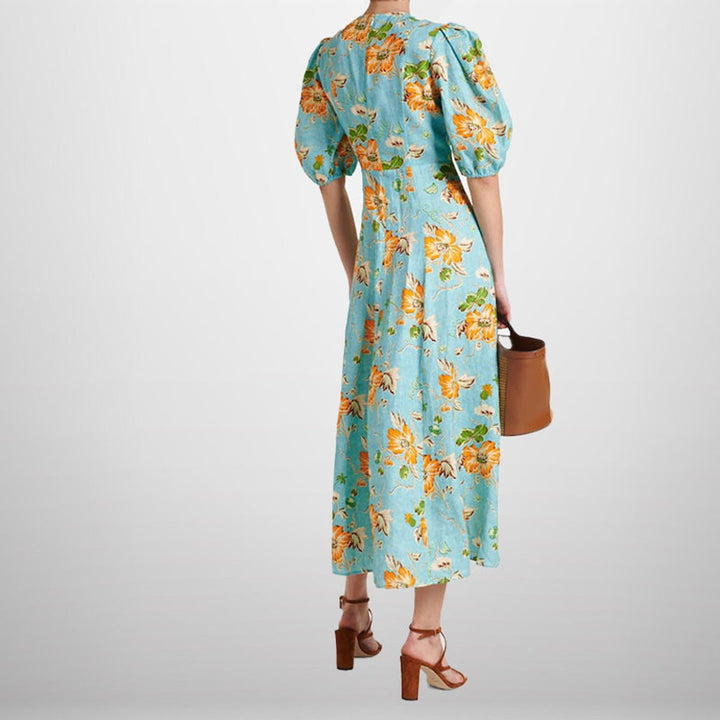 Women's Floral Puff-Sleeve A-Line Fall Midi Dress