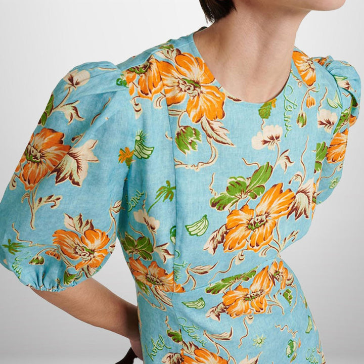 Women's Floral Puff-Sleeve A-Line Fall Midi Dress