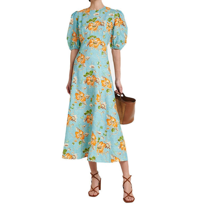 Women's Floral Puff-Sleeve A-Line Fall Midi Dress