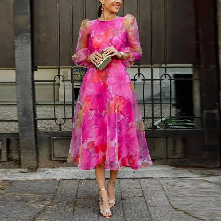 Women's Floral Puff Sleeve A-Line Midi Formal Dress
