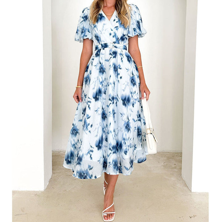 Women's Floral Puff-Sleeve Belted Fall Midi Dress