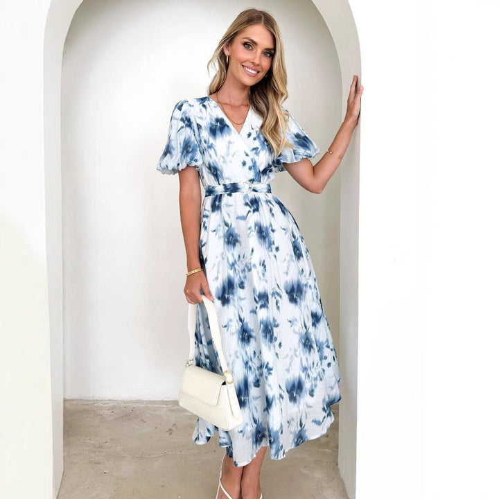 Women's Floral Puff-Sleeve Belted Fall Midi Dress