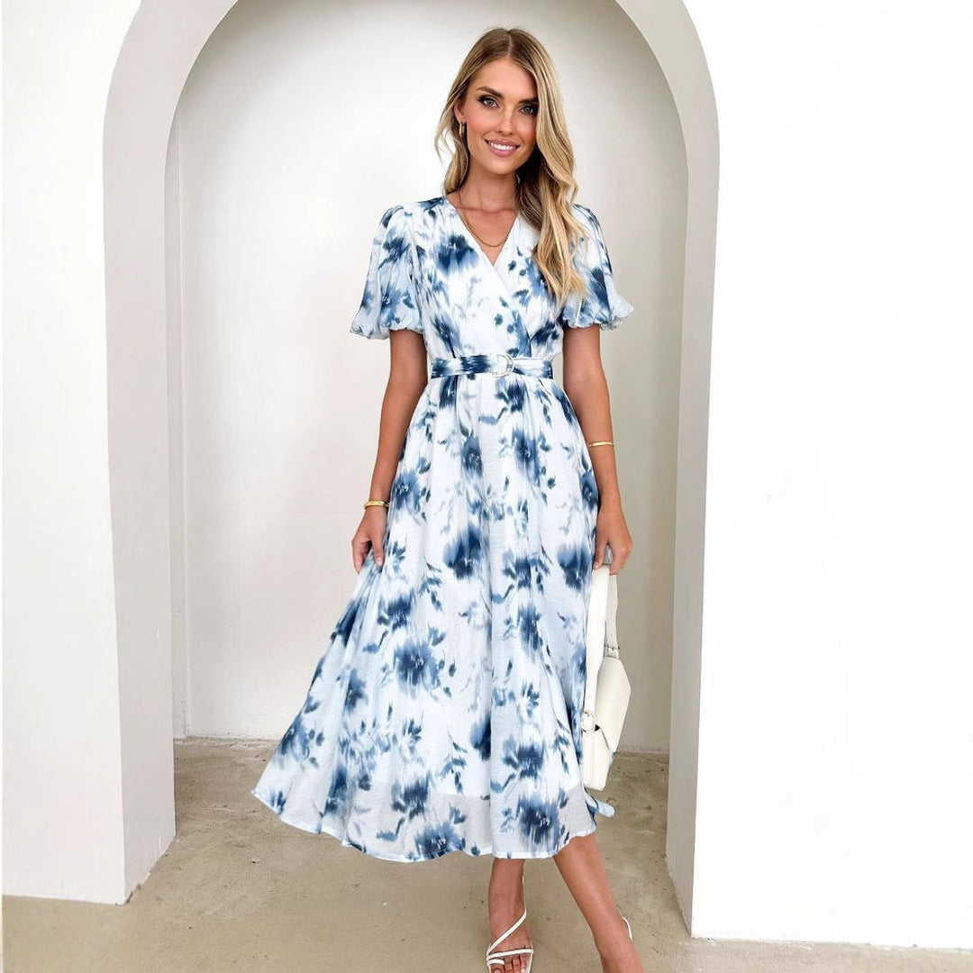 Women's Floral Puff-Sleeve Belted Fall Midi Dress