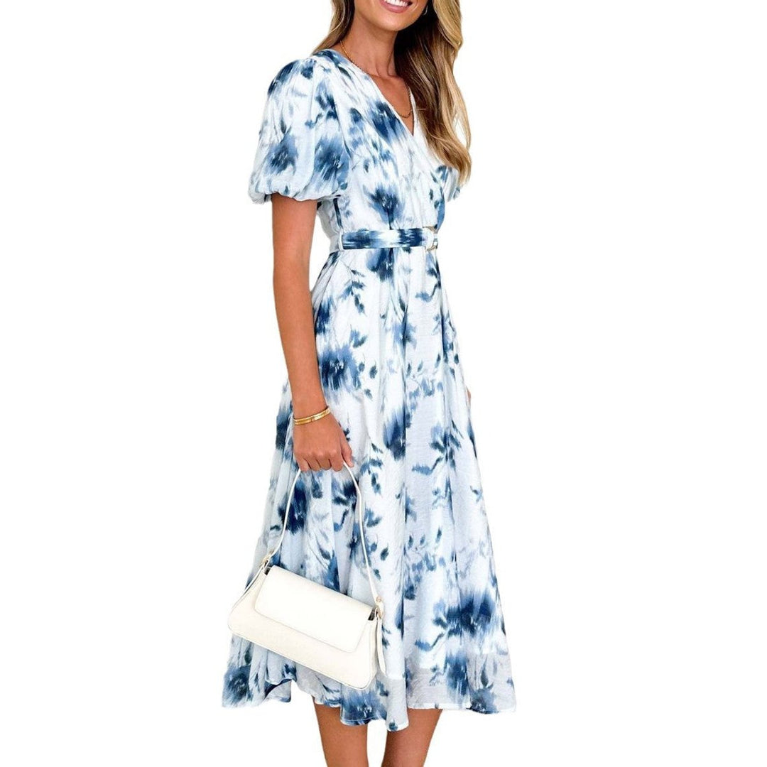 Women's Floral Puff-Sleeve Belted Fall Midi Dress