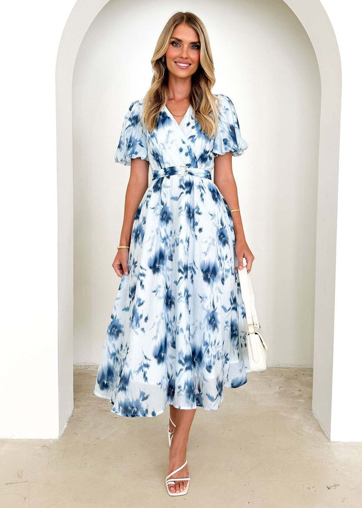 Women's Floral Puff-Sleeve Belted Fall Midi Dress