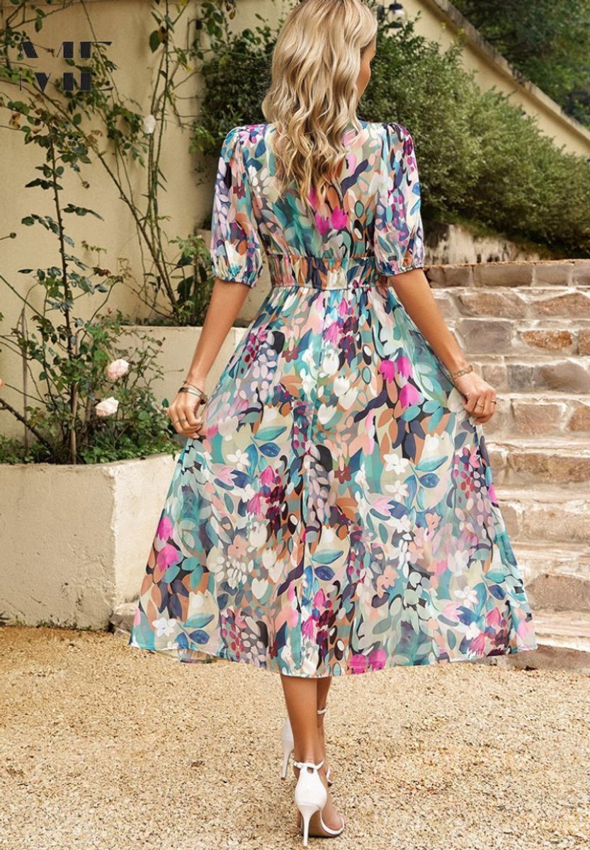 Women's Floral Puff-Sleeve V-Neck Midi Fall Wedding Guest Dress