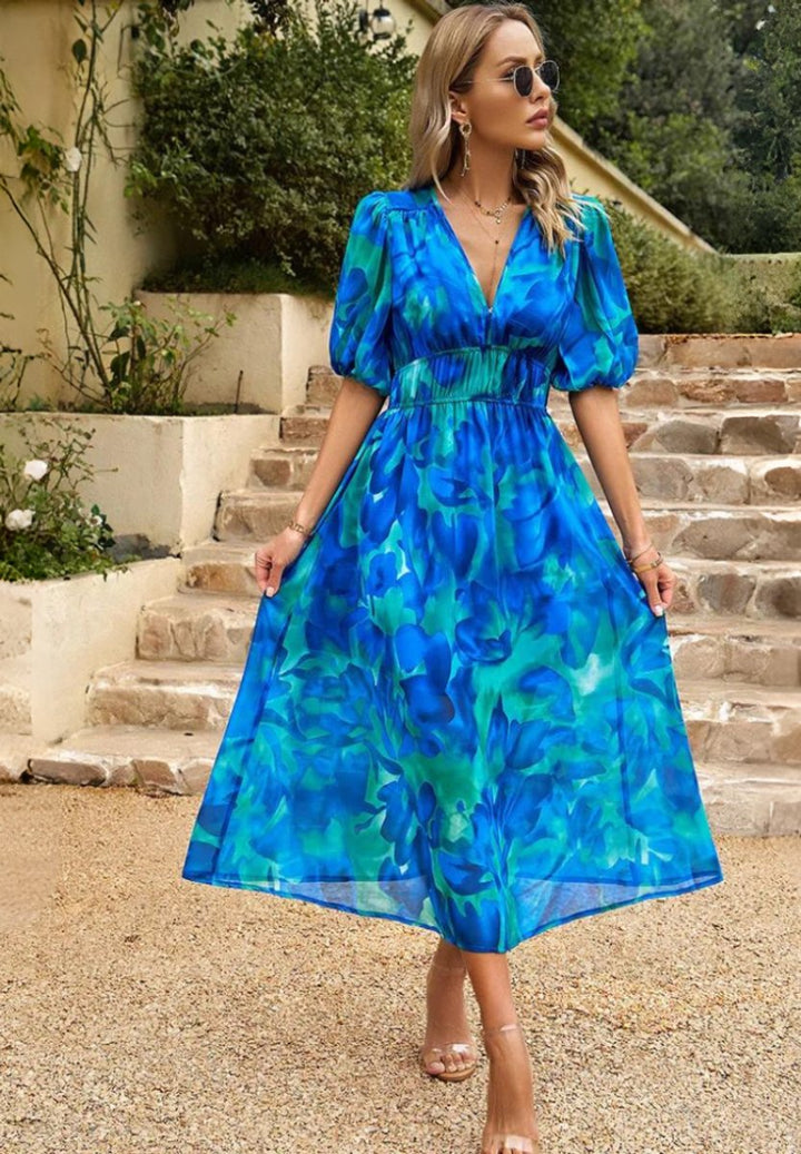 Women's Floral Puff-Sleeve V-Neck Midi Fall Wedding Guest Dress
