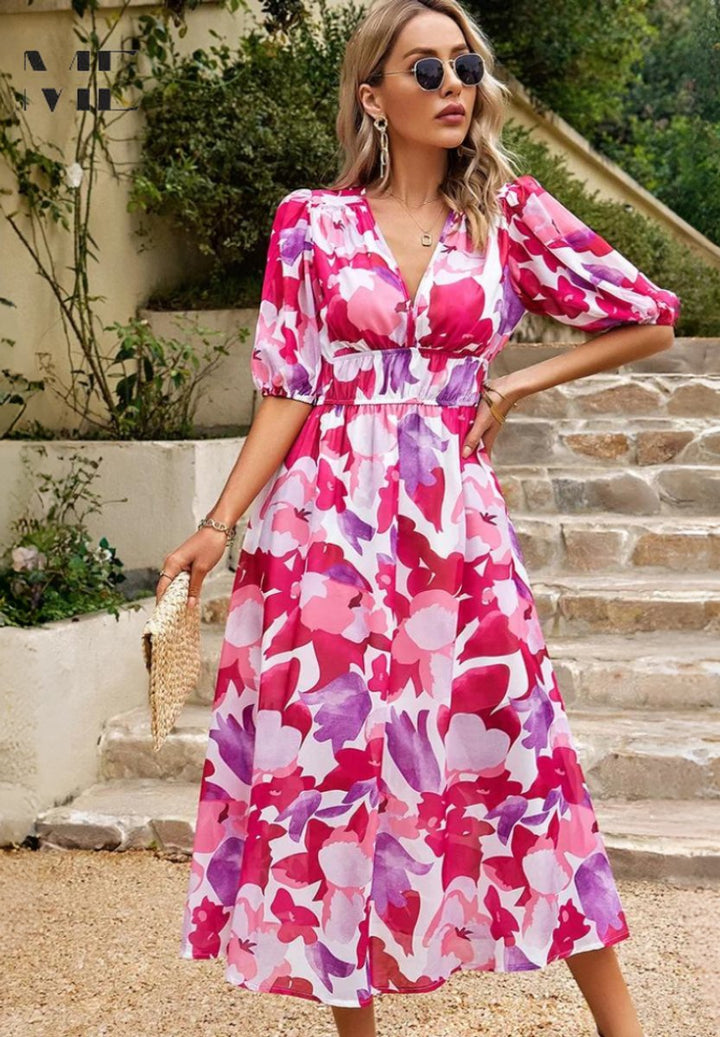 Women's Floral Puff-Sleeve V-Neck Midi Fall Wedding Guest Dress