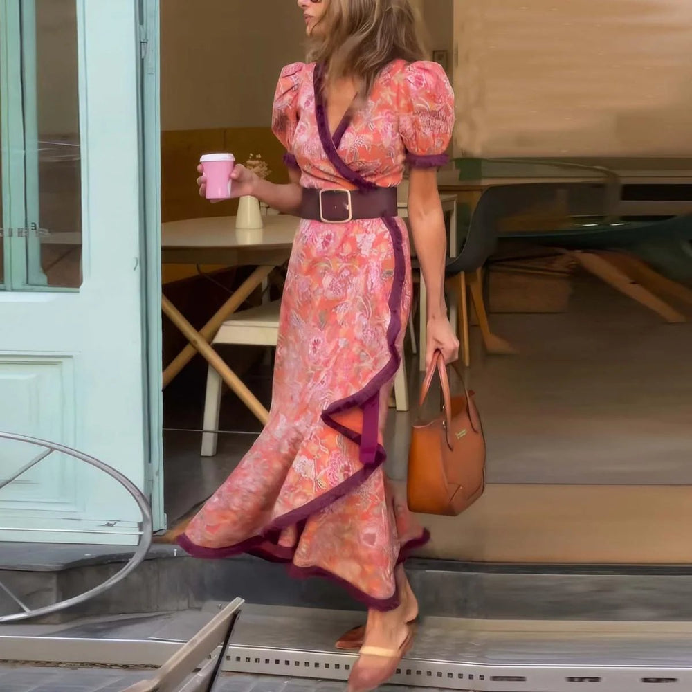 Women's Floral Puff-Sleeve Wrap Formal Dress Belted Maxi