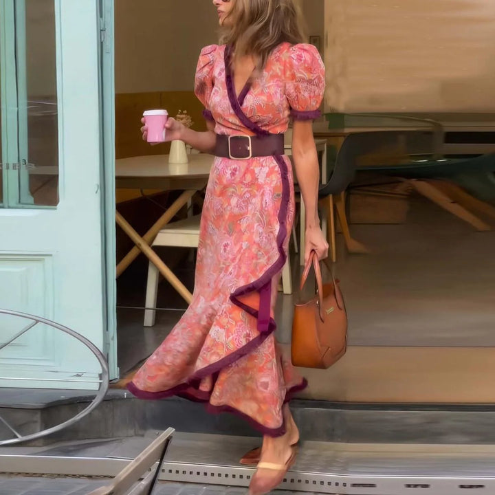 Women's Floral Puff-Sleeve Wrap Formal Dress Belted Maxi