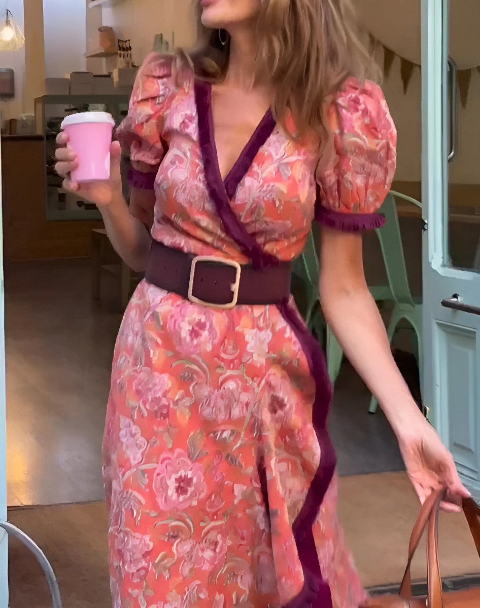 Women's Floral Puff-Sleeve Wrap Formal Dress Belted Maxi
