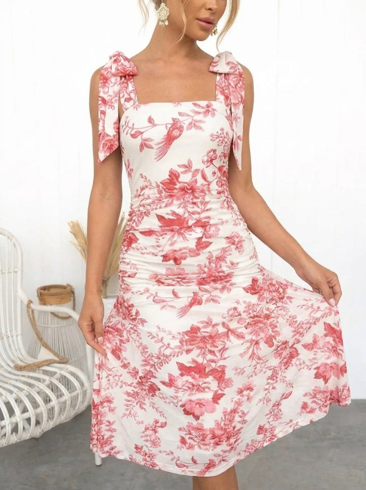 Women's Floral Ruched Bow-Strap Midi Formal Dress