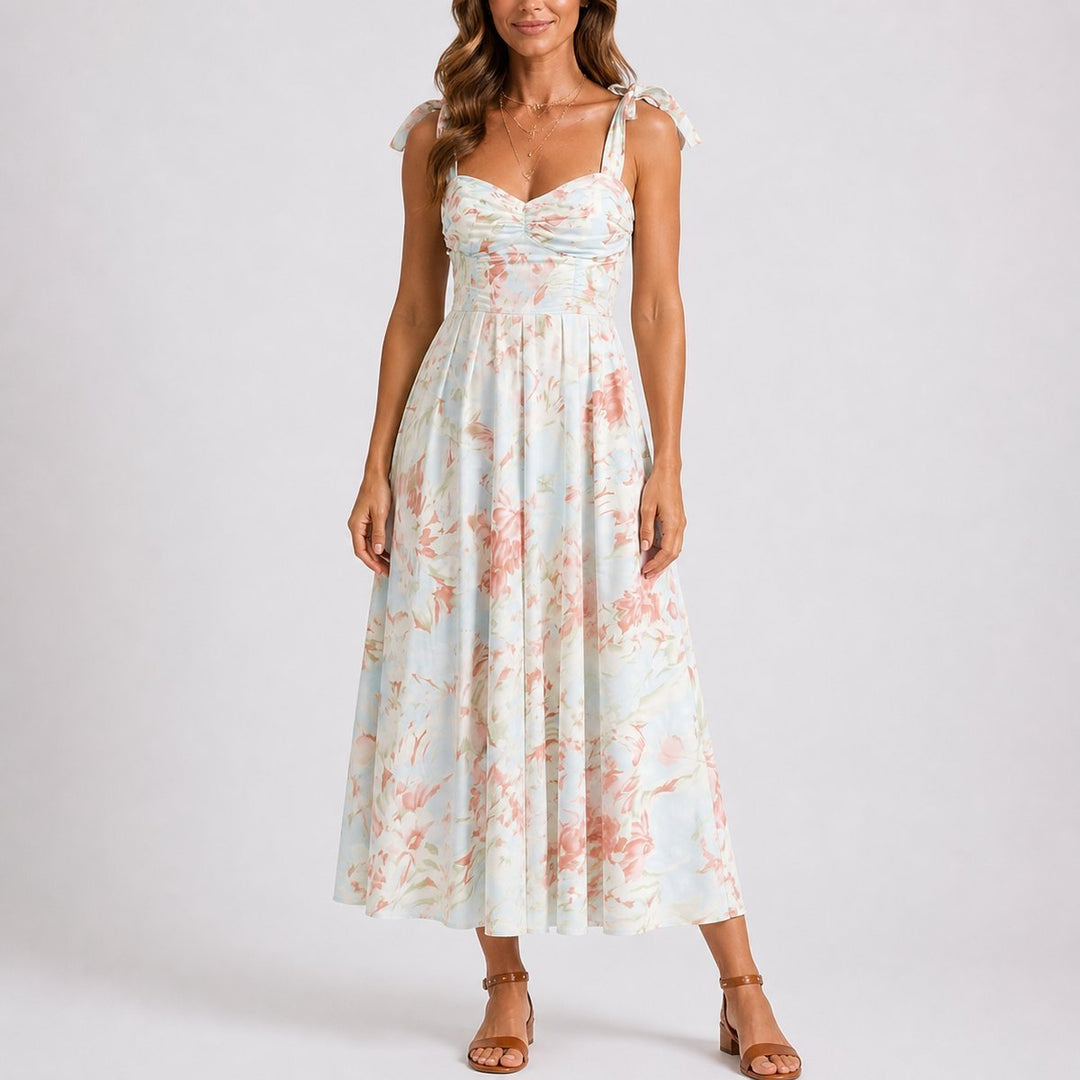 Women's Floral Ruched Sweetheart Tie-Shoulder Fall Wedding Guest Dress