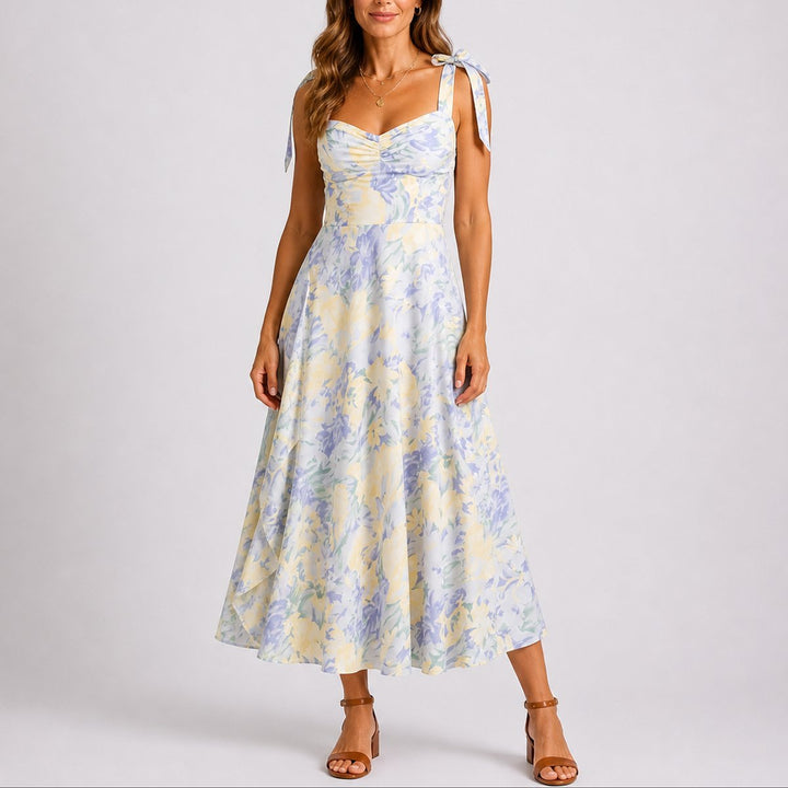 Women's Floral Ruched Sweetheart Tie-Shoulder Fall Wedding Guest Dress
