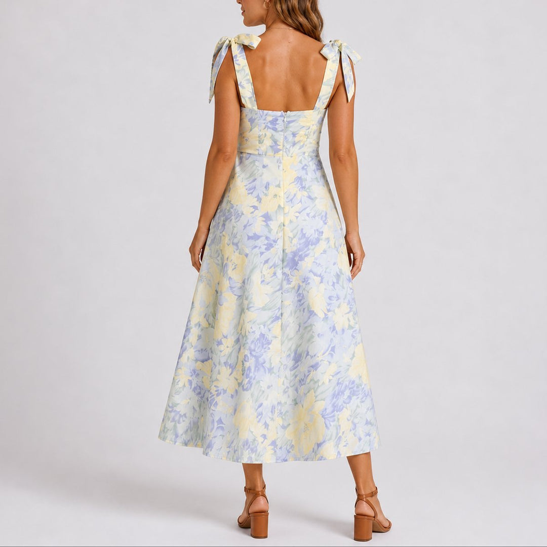 Women's Floral Ruched Sweetheart Tie-Shoulder Fall Wedding Guest Dress