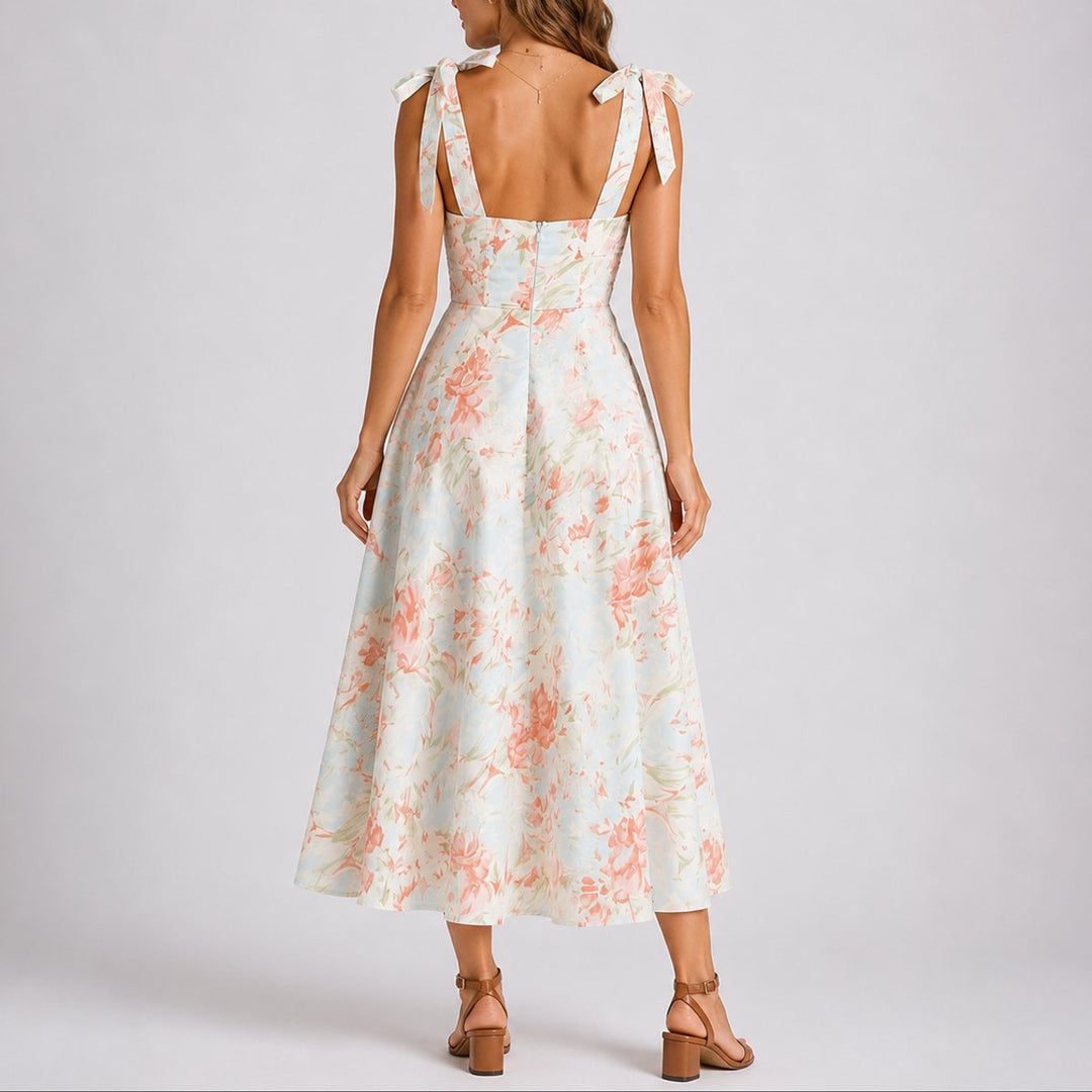 Women's Floral Ruched Sweetheart Tie-Shoulder Fall Wedding Guest Dress