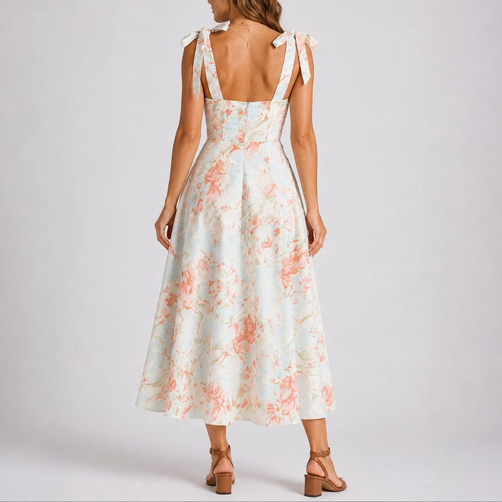 Women's Floral Ruched Sweetheart Tie-Shoulder Fall Wedding Guest Dress