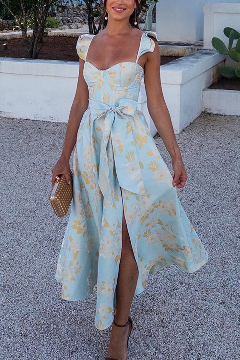 Women's Floral Ruffle-Shoulder Bow-Waist Fall Wedding Guest Dress