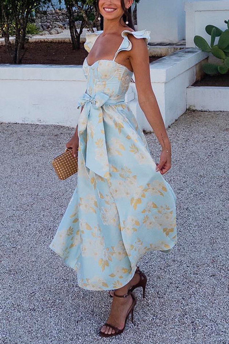 Women's Floral Ruffle-Shoulder Bow-Waist Fall Wedding Guest Dress