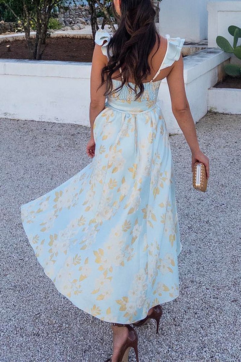 Women's Floral Ruffle-Shoulder Bow-Waist Fall Wedding Guest Dress