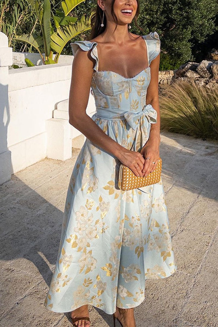 Women's Floral Ruffle-Shoulder Bow-Waist Fall Wedding Guest Dress