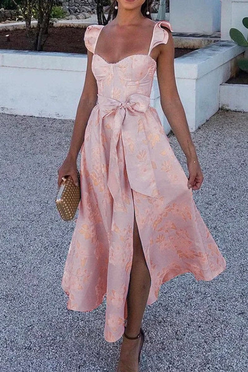 Women's Floral Ruffle-Shoulder Bow-Waist Fall Wedding Guest Dress