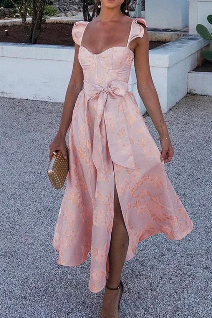 Women's Floral Ruffle-Shoulder Bow-Waist Fall Wedding Guest Dress