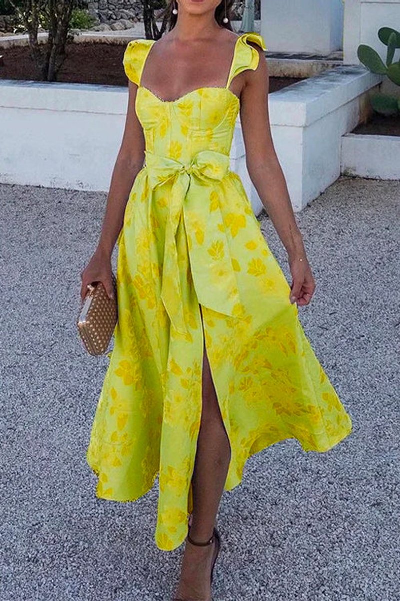 Women's Floral Ruffle-Shoulder Bow-Waist Fall Wedding Guest Dress