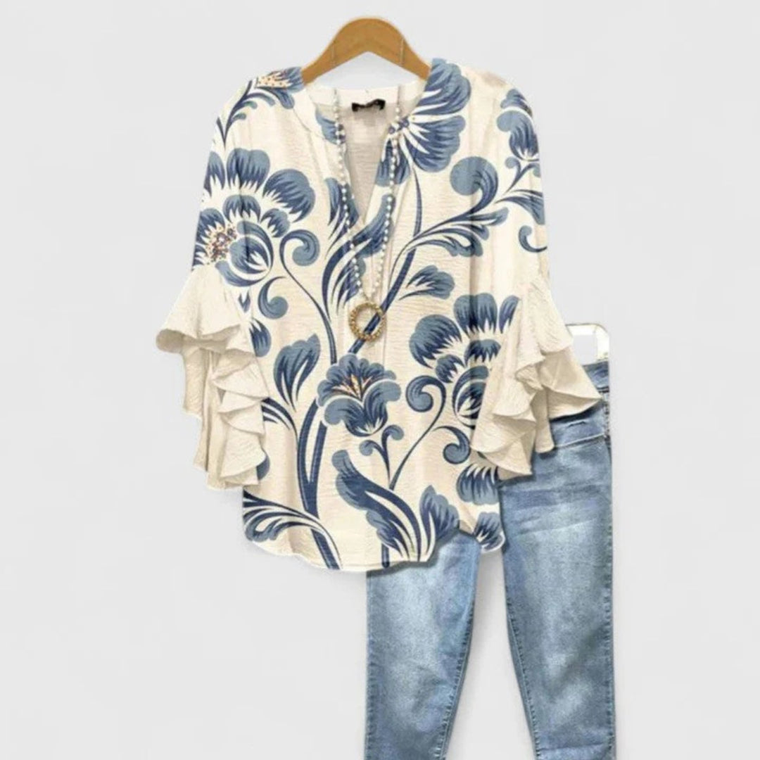 Women's Floral Ruffle-Sleeve Relaxed-Fit V-Neck Blouse Top