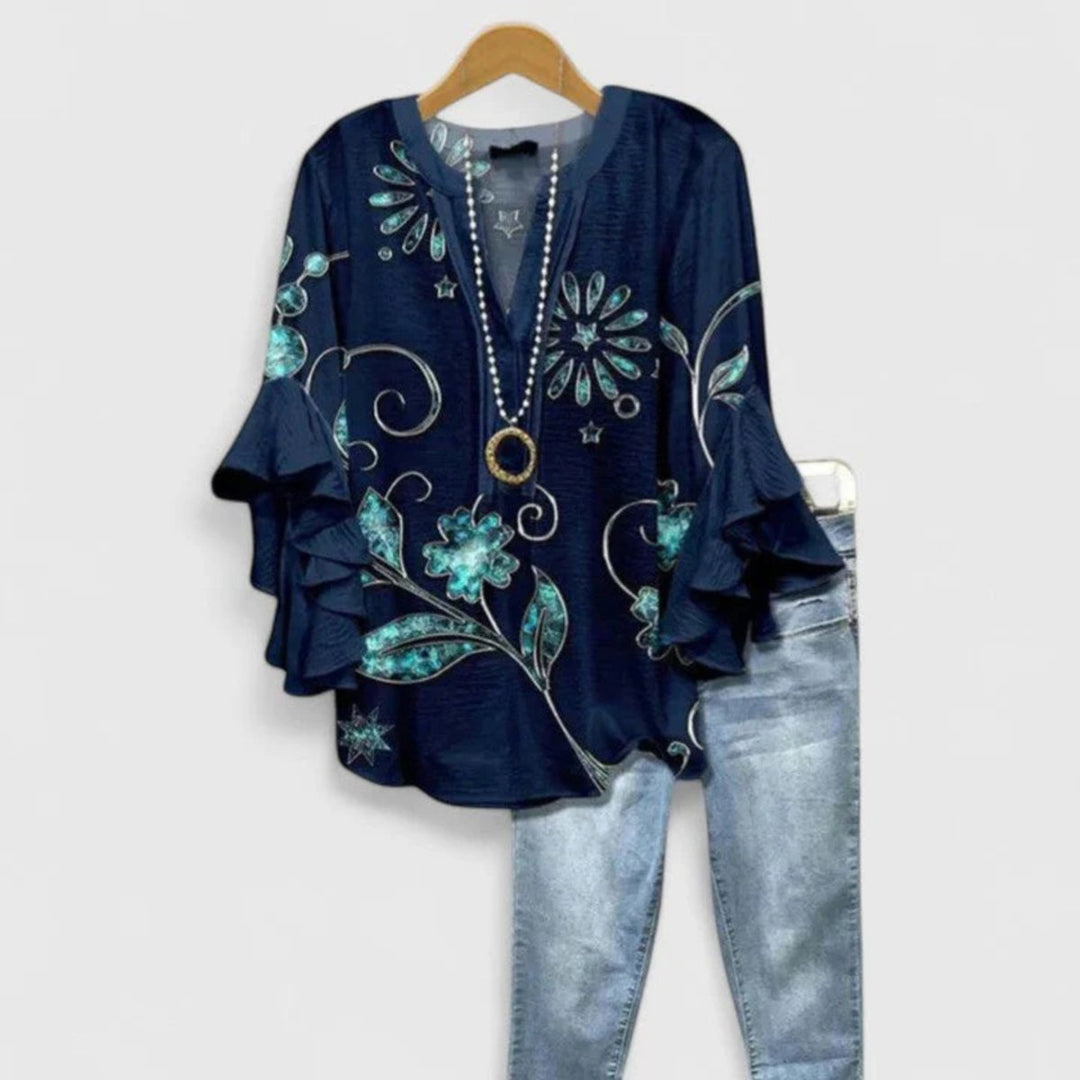 Women's Floral Ruffle-Sleeve Relaxed-Fit V-Neck Blouse Top