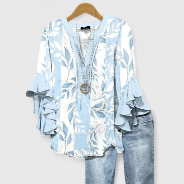 Women's Floral Ruffle-Sleeve Relaxed-Fit V-Neck Blouse Top