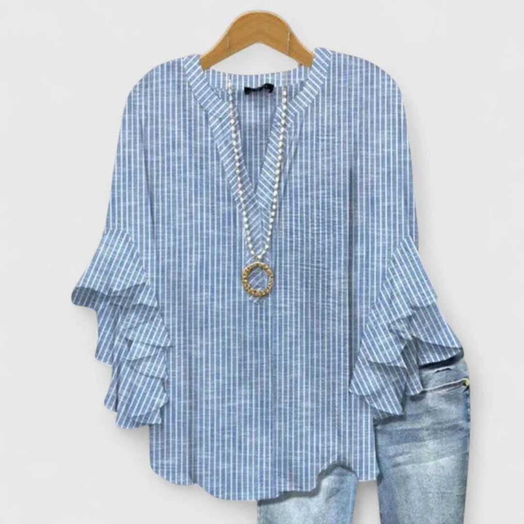Women's Floral Ruffle-Sleeve Relaxed-Fit V-Neck Blouse Top