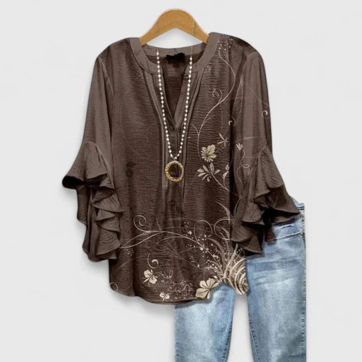 Women's Floral Ruffle-Sleeve Relaxed-Fit V-Neck Blouse Top