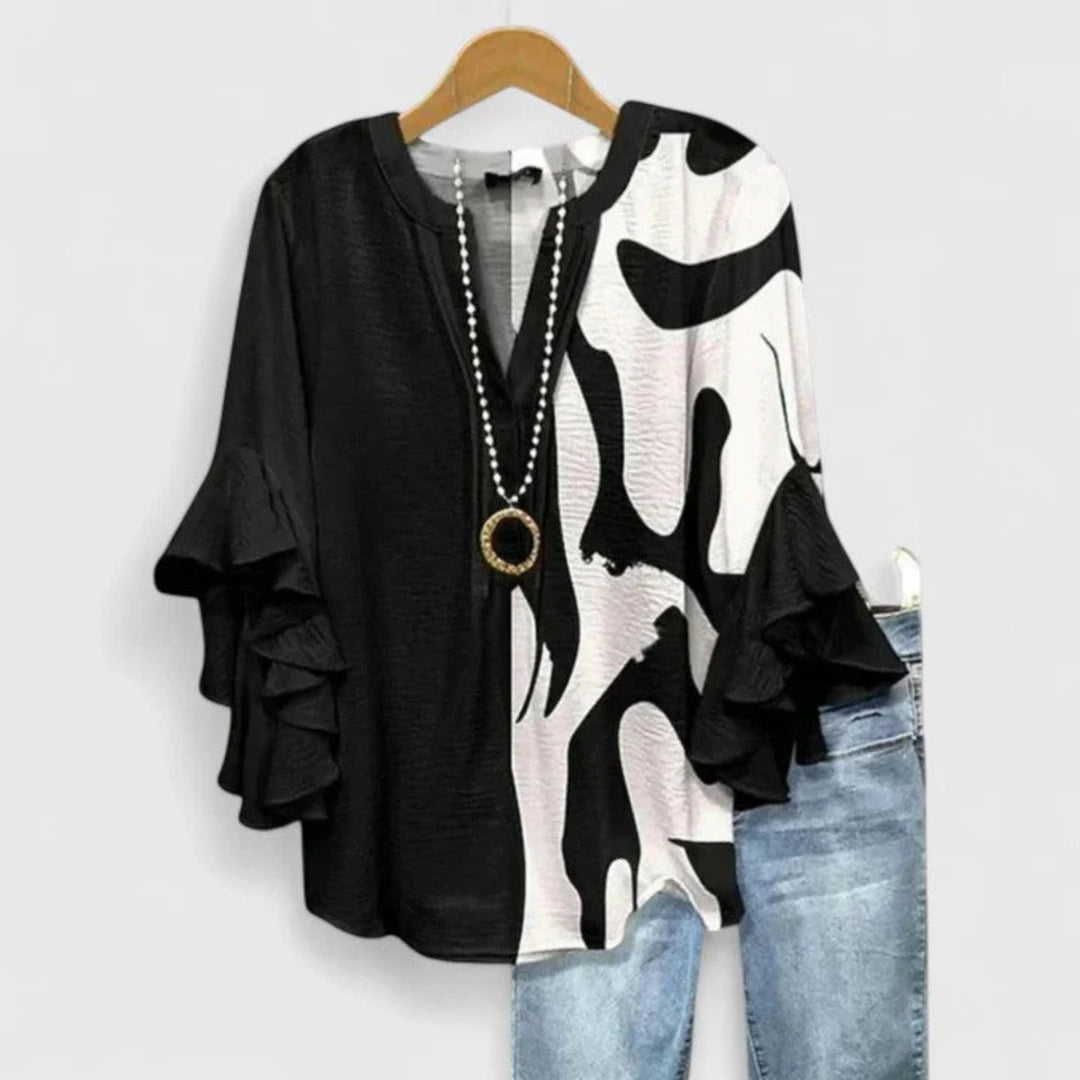 Women's Floral Ruffle-Sleeve Relaxed-Fit V-Neck Blouse Top