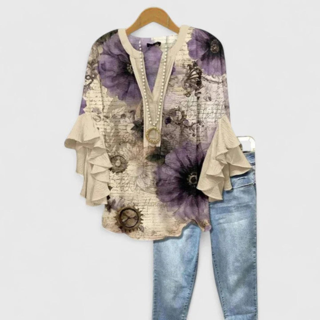 Women's Floral Ruffle-Sleeve Relaxed-Fit V-Neck Blouse Top