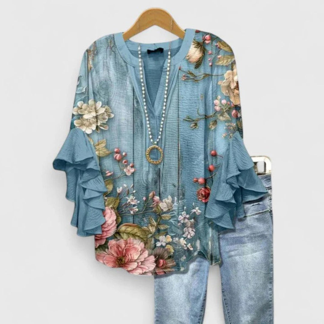 Women's Floral Ruffle-Sleeve Relaxed-Fit V-Neck Blouse Top