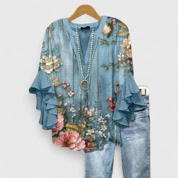 Women's Floral Ruffle-Sleeve Relaxed-Fit V-Neck Blouse Top