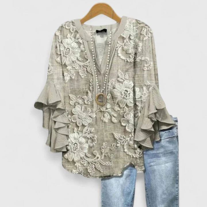 Women's Floral Ruffle-Sleeve Relaxed-Fit V-Neck Blouse Top