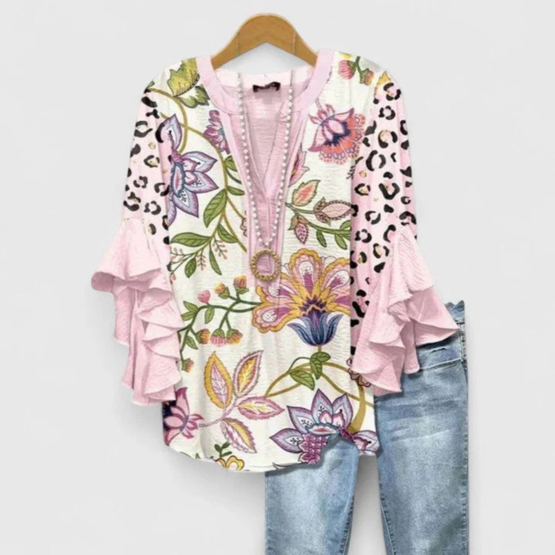 Women's Floral Ruffle-Sleeve Relaxed-Fit V-Neck Blouse Top