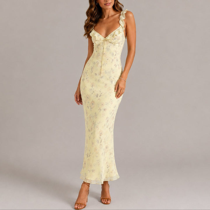 Women's Floral Ruffle Strap Fitted Fall Wedding Guest Maxi Dress