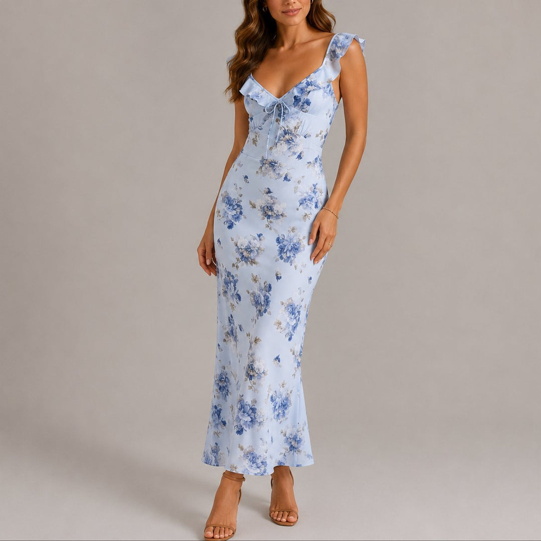 Women's Floral Ruffle Strap Fitted Fall Wedding Guest Maxi Dress