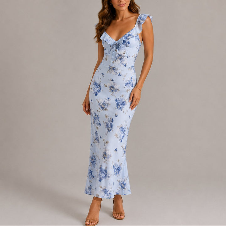Women's Floral Ruffle Strap Fitted Fall Wedding Guest Maxi Dress