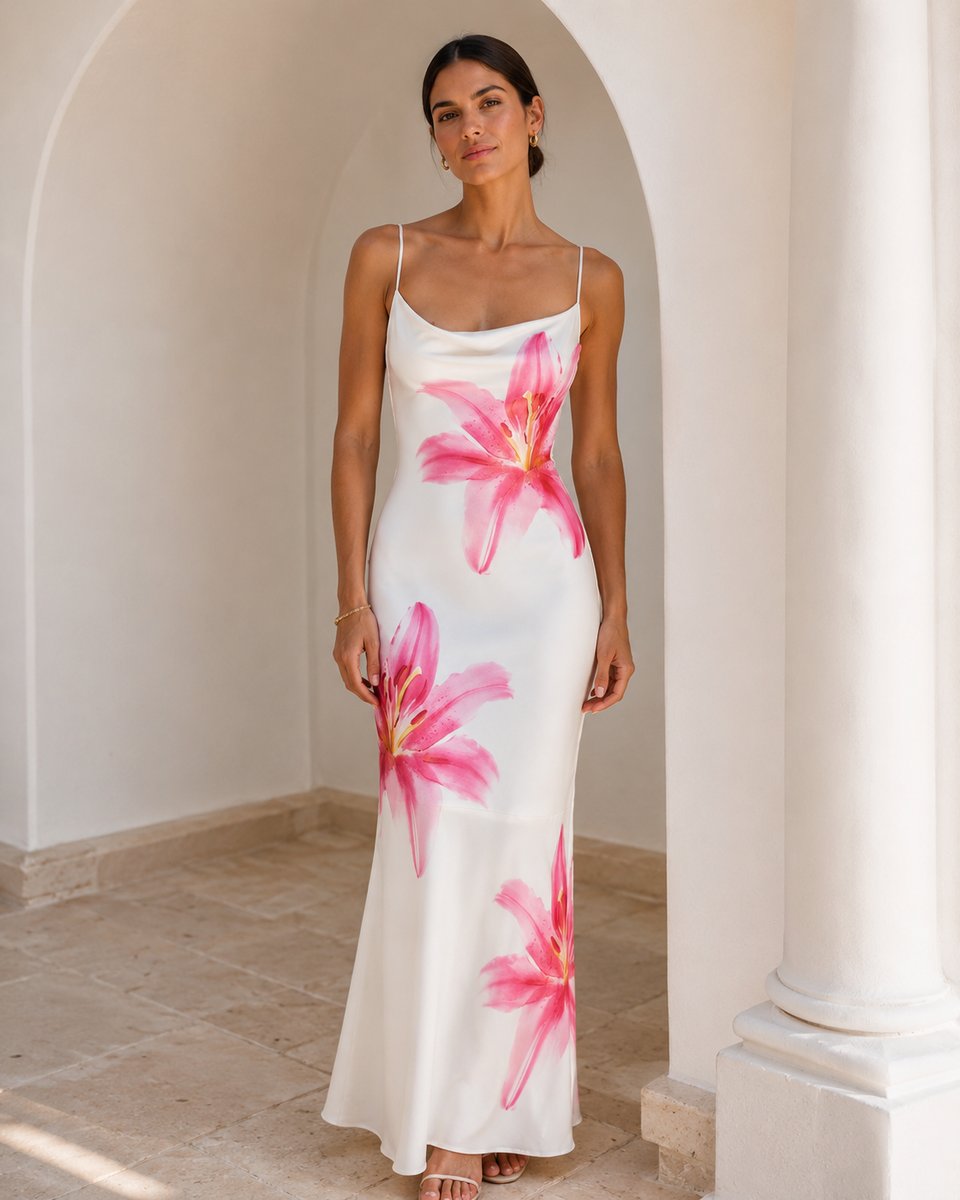 Women's Floral Satin Slip Midi Fall Wedding Guest Dress
