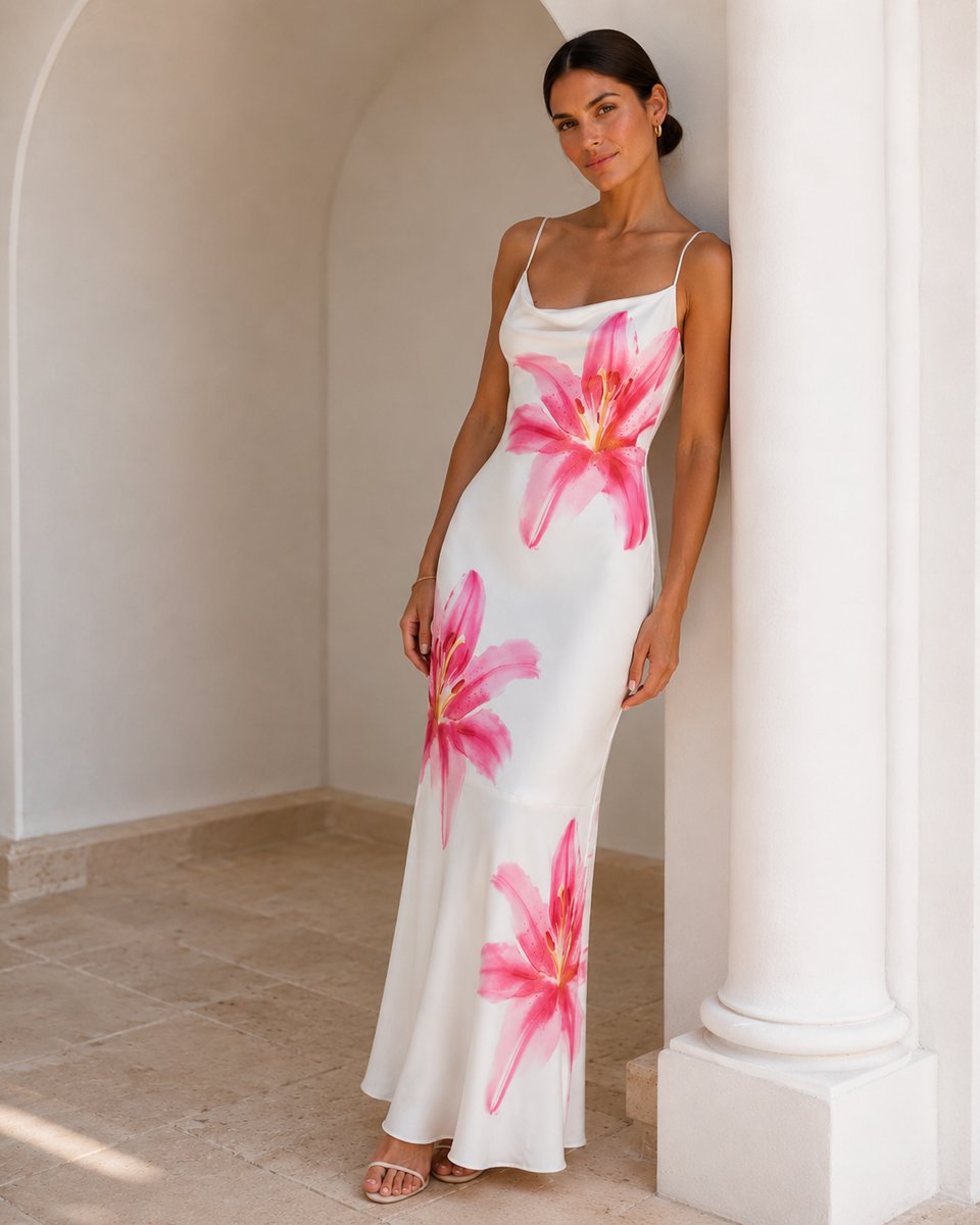 Women's Floral Satin Slip Midi Fall Wedding Guest Dress