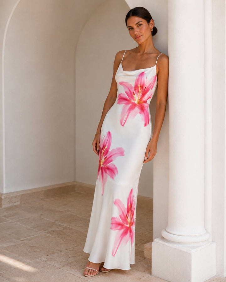 Women's Floral Satin Slip Midi Fall Wedding Guest Dress