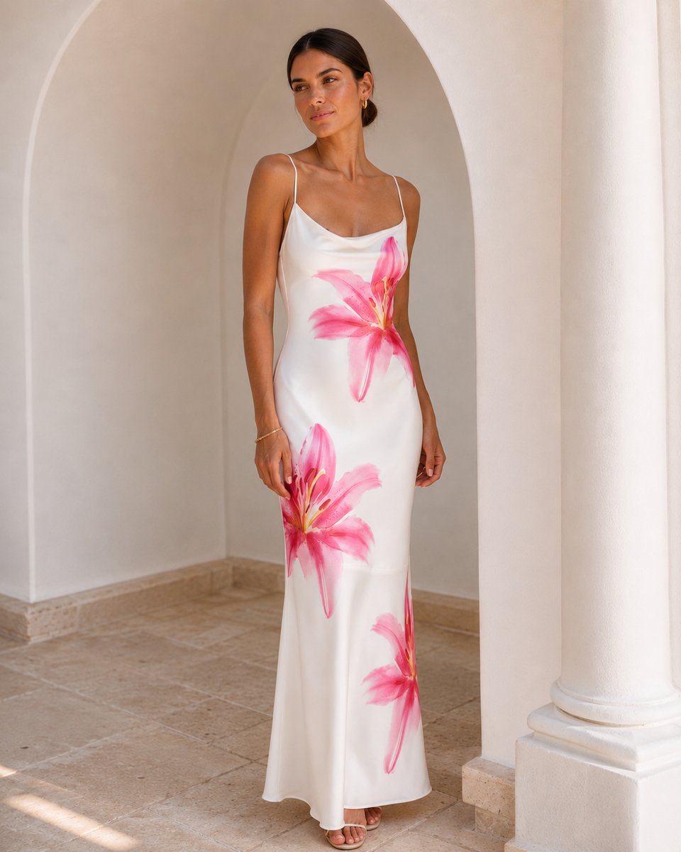 Women's Floral Satin Slip Midi Fall Wedding Guest Dress