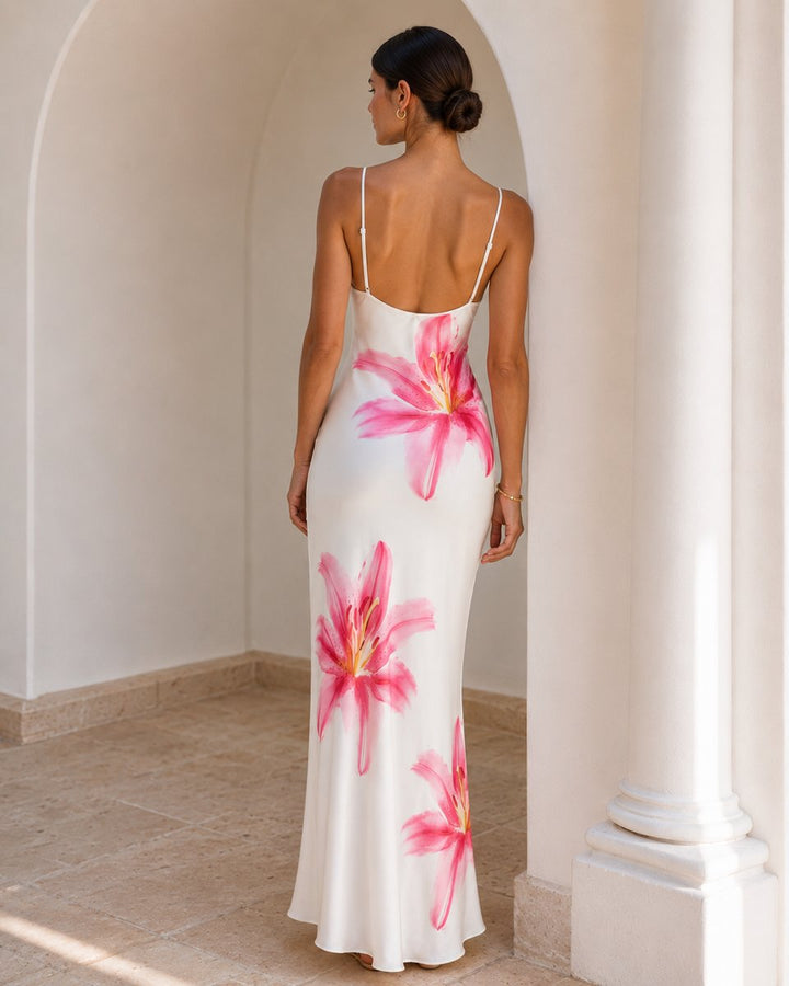 Women's Floral Satin Slip Midi Fall Wedding Guest Dress